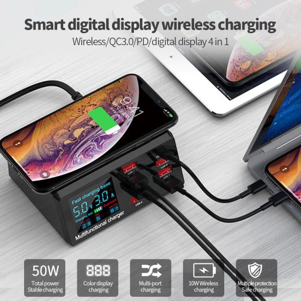 Hubs Akıllı LED Ekran Kablosuz Şarj Cihazı Dock 3.0 Hızlı Şarj 8 Ports PD USB Şarj Cihazları HUB iPhone Tablet için Masaüstü Adaptörü