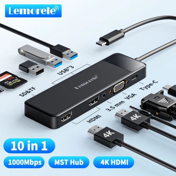 Hubs Lemorele USBC Hub 10ports Docking Station USB Typ C zu Dual HDMI 4K 30Hz VGA USB 3.0 Adapter PD100W SD -Kartenleser für MacBook