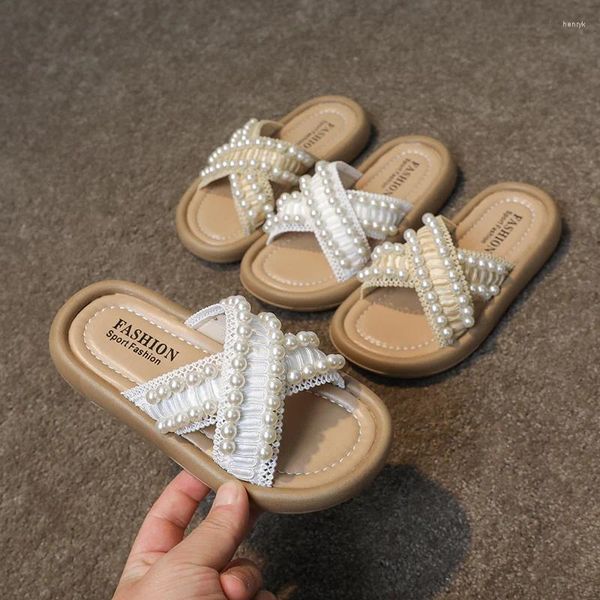 Slipper Girls Summer Slifors Pearls Sweet Kids Slides Scarpe da spiaggia Boemia intrecciata per bambini Outdoor Anti-Slippery