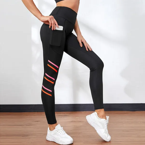 Frauenhosen Mode gestreift schlank langen Sport -Leggings Yoga mit Taschen Cotton Elastic Taille