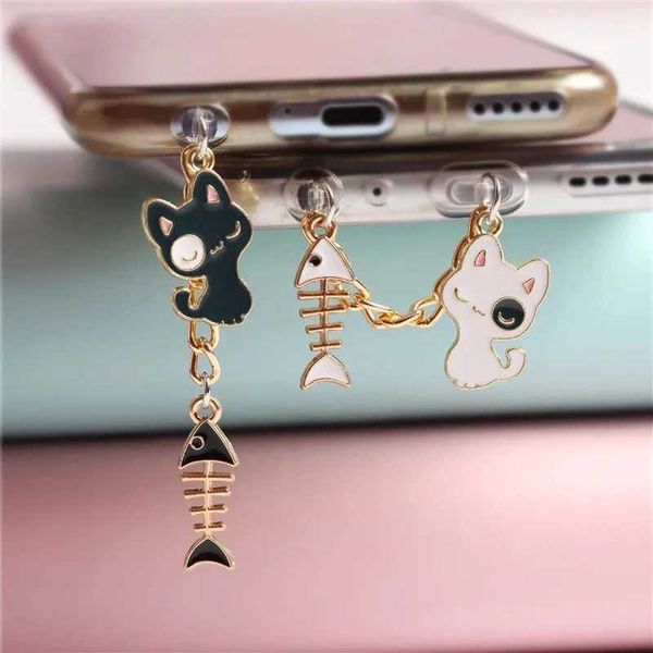 Gadget antidust del cellulare Gadgets Black White CAT PUSC FAMT kawaii da 3,5 mm jack antipolta berretto USB C Protezione della polvere Porta di ricarica per iPhone Y240423