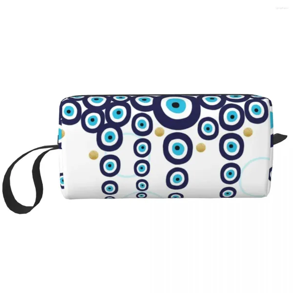 Bolsas de armazenamento Mal olho pendurador de miçangas em bolsa de cosméticos azul e dourada de grande capacidade Nazar hamsa boho maquiagem case de beleza de beleza de beleza