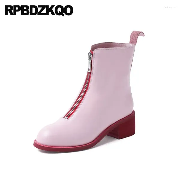 Stiefel Winter 2024 Herbstgröße 41 echte Lederschuhe runden Zehen 10 luxuriöser klobiger rosa Marke Frauen Herbst Knöchel Big Short Fell