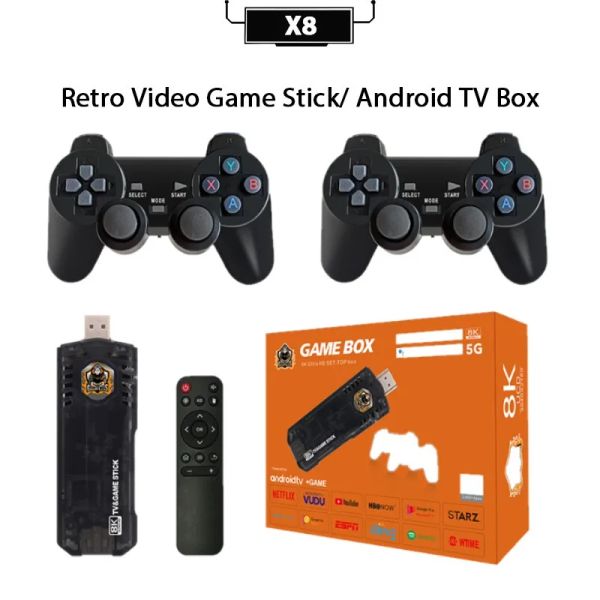 Konsollar Nightcore Android TV Oyun Kutusu 4K Oyun Stick X8 Android TV Kutusu Çift Sistem HD Çıktı Kablosuz Denetleyici M8 Güncellenmiş Retro Konsol