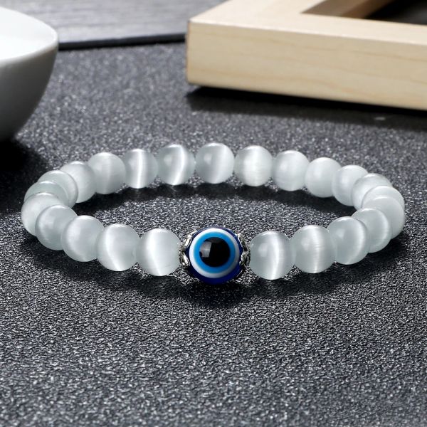 Socchi da 8 mm per perle di pietra per occhio di gatto bianco Braccialette malvagia uomo tigre eye perle nere perle in stile turco bracciale per fili per donne gioielli femminili