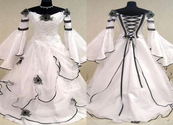 Renaissance vintage vestidos de noiva medieval preto e branco vestidos de novo celta vestidos de noiva com mangas de ajuste e flare flowe9058824