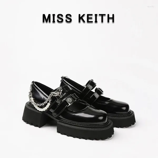 Lässige Schuhe Miss Keith Retro Pearl String Frauen Mary Jane Schuh Fashion Silber Kette Flat Doppelschnalle Leder