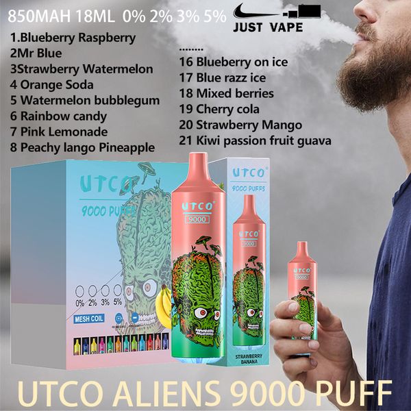 Autêntico UTCO Aliens 9000 Puffs Vape descartável 22 Sabores de 18 ml Dispositivo preenchido 850mAh tipo C Recarregável Bobina de malha de bateria 9K e cigarros