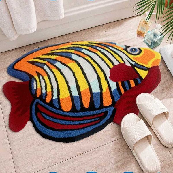 Carpet Tropical Fish Bordado Banho de banheiro da sala de estar da sala de estar banheiro banheiro capacho Anti-deslizamento Absorvente tapetes de piso Decoração de quarto T240422