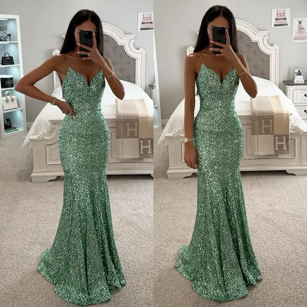 Mint Green Mermaid Prom Dress Liginas Espagueti Vestidos de noite formais de festas elegantes sem costas para ocasiões especiais Robe de Long de Soiree