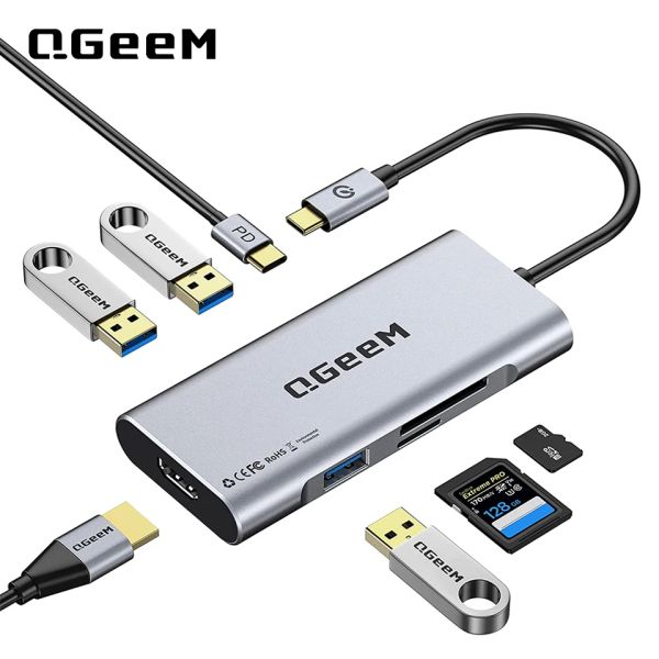 Hubs USB C HUB, QGEEM USB C ila HDMI adaptörü 4K, 100W güç dağıtımlı 1 USB C dongle, 3 USB 3.0 bağlantı noktası, SD/TF kart okuyucu