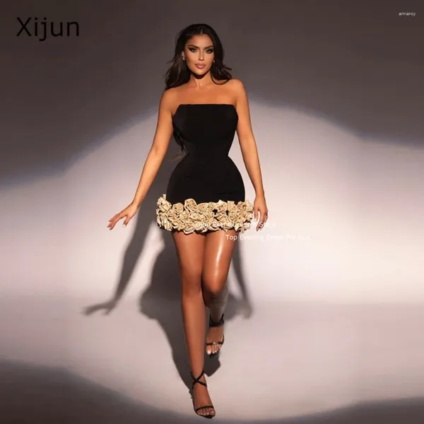 Платья для вечеринок Xijun Modern Black Velvet Short Proml без бретелек 3D цветы Мини