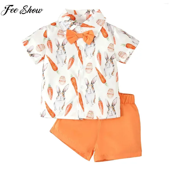 Roupas Conjuntos de roupas Gentro de Páscoa de Páscoa Infantil Roupa Batismo Partido de Aniversário de Casamento Impressão Camisa Bowtie Tops com shorts