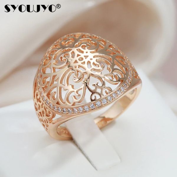 Bands syoujyo grandi dimensioni 585 anelli di colore in oro rosa per donne zirconi naturali eleganti accessori per feste di nozze russe sposa