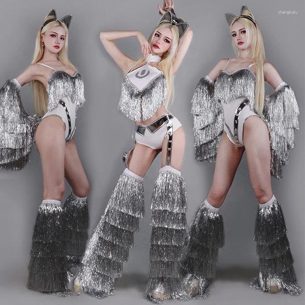 Bühnenbekleidung Nachtclub Bar Gogo Tänzer Performance Kostüm Silber Quaste Kpop Jazz Dance Outfit Frauen Partykleider Kleidung Kleidung