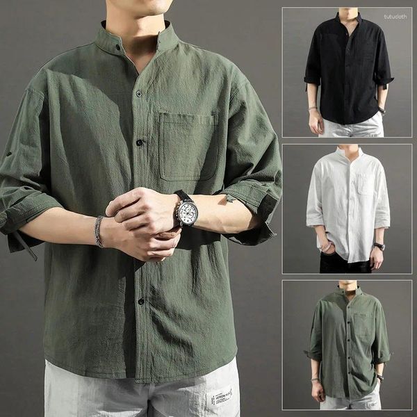 Camisas casuais masculinas camisa de linho de algodão de verão masculino de três quartos de colar