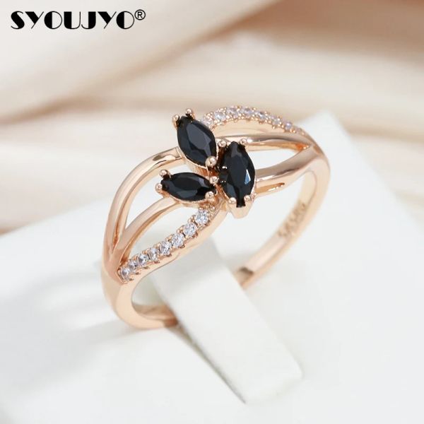 Bande Syoujyo Black Natural Zircone Rings for Women Trendy 585 Gold Color Jewelry Party Wedding Luxury Anello di lusso