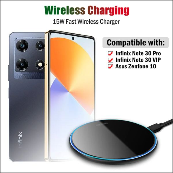 Carregador sem fio Fast Wireless de 15w para Infinix Note 13 Pro / Nota13 VIP QI Wireless Charging Pad para Asus ZenFone 10 com cabo USB