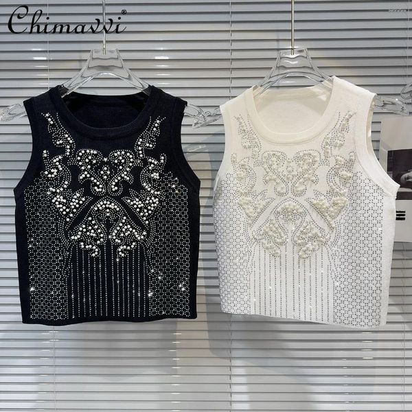 Kadın Tankları 2024 İlkbahar Yaz Ağır Boncuklar Rhinestone Desenli Knited Yuvarlak Boyun Slim Slim Elegant Üstler