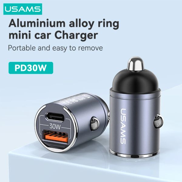 Chargers USAMS 30W USB Araç Şarj Cihazı Hızlı Şarj USB Tip C Tip İPhone 15 Pro Max 14 13 12 Huawei Xiaomi Dizüstü Tutkunlar Tabletler