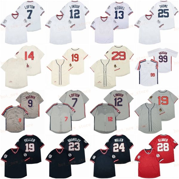 Aposentado 7 Kenny Lofton Baseball Jersey 9 Carlos Baerga 14 Larry DOBY 19 BOB FELLER 23 Michael Brantley 25 Jim Thome Corey Kluber Satchel Paige Rick Vintage Retro