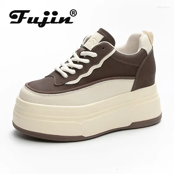 Sapatos casuais Fujin 9cm genuínos de couro genuíno grossa plataforma de cunha bombas confortáveis moda feminina vulcanize cor mista