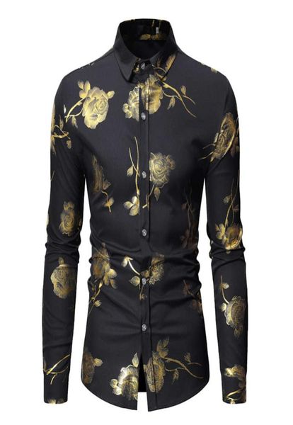 Men039s Geek Gold Rose Shiny Men Flowered Impresso elegante Slim Fit Manga Long Men039s Button Down Dress Shirt4889483