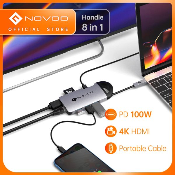 Hubs novoo 8 в 1 тип C к Hdmicabatible Hub USB 3.0 PD 100W Protable RJ45 SD Reader для MacBook Pro Air Ipad Nintendo Switch