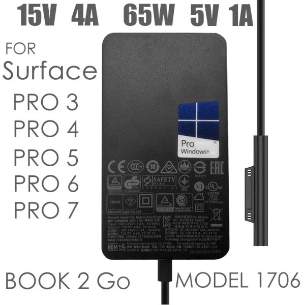 Ladegeräte Original Neues 15V 4A 65W für Microsoft Surface Book Pro3 Pro4 Pro 5 Pro 6 Pro7 Power -Adapter 1706 Ladegerät Fast Lad mit 5V 1A