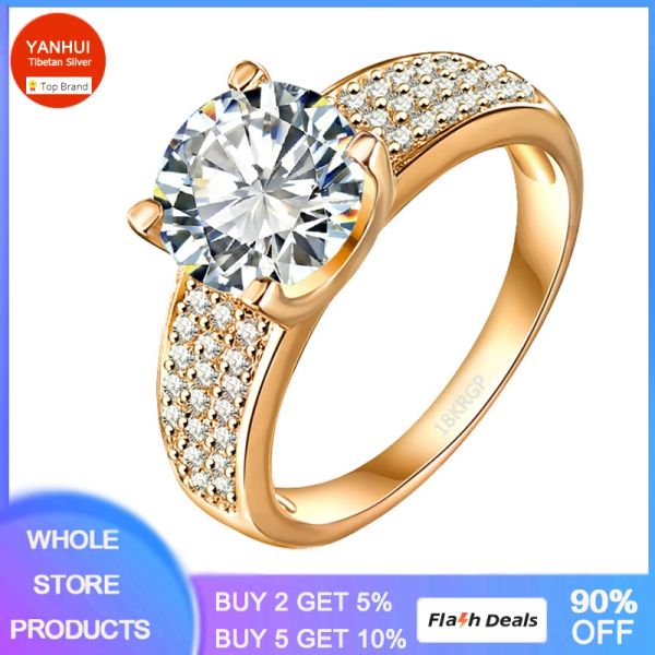 Bands Yanhui Allergy Free Giallo puro Gollo Gold Oro Anelli d'argento SOLITAIRE 2CT 5A Cubic Zircon Rings Regalo per le donne