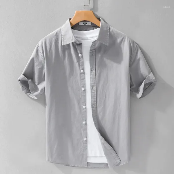 Camisas casuais masculinas 2024 masculino vestido de manga curta ruga de botão sólida para baixo