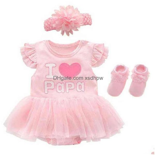 Rompers Born Baby Girl Clothes Dresses Summer Pink Princess bambine Set di abbigliamento per la festa di compleanno 0 3 mesi abita Bebe Dhzln