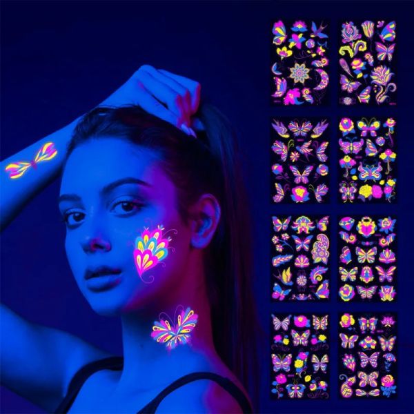 Tattoos 2023 Halloween Body Aufkleber Fluoreszenz Schmetterling Rose gefälschte Tattoo Festival Masquerade Party Gesicht Tattoo Aufkleber