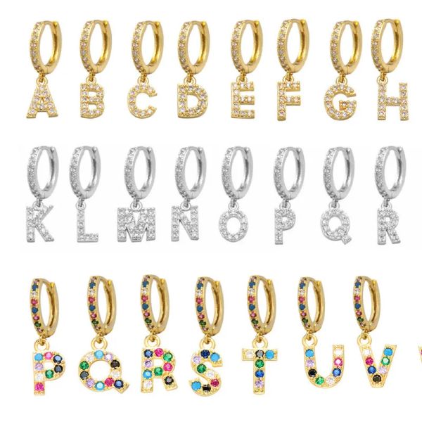 Brincos um par Letters AZ iniciais mini brincos pequenos de argolas femininas cor de prata ouro arco -íris aretes alfabeto abc Lady Drop