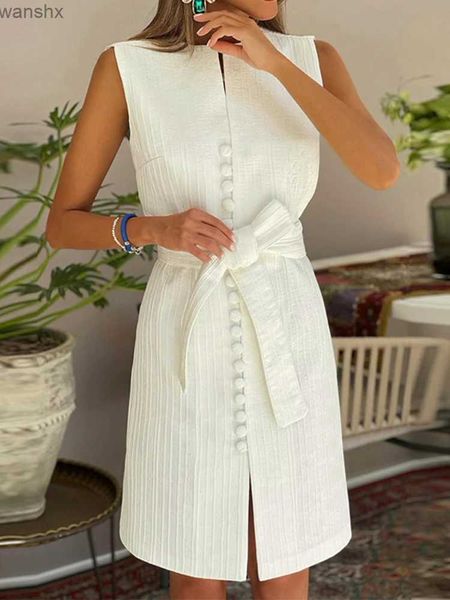 Vestidos casuais básicos Vestido elegante de verão 2023 Mulheres decoração de botão sem mangas com cintos de brisa formal formal vestido branco vestidosl2404