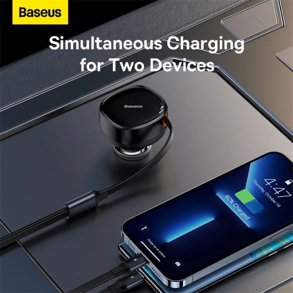 Carregador de Carro Chargers Baseus 2in1 PD 20W CABELA RÁPIDO CABO RETRÁVEL 30W Carregador de telefone de carregamento rápido para Xiaomi iPhone 12 13 14