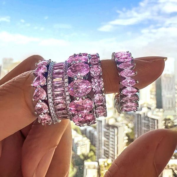 Bande estetica anelli di nozze di zirconia rosa per donne con argento a forma di cuore a forma di cuore anello di fidanzamento Luuxry per feste anillos mujer