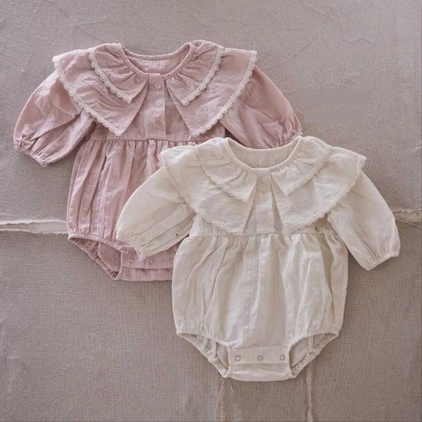 Rompers 2024 Spring New Baby Girl Girl Long Bodysuit Infant Solid Cute Lapel Princess Groving Case di cotone neonato 0-24m H240423