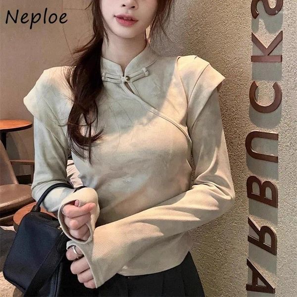 Frauen T-Shirts Neploe Chinesische Standkragen T-Shirts 2024 Frühling Herbst Schlanker Fit T-Shirt Y2K Langarm Bottoming Tops Frauen Frauen