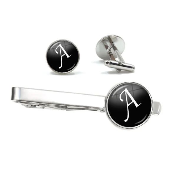 Links 26 Letters de alfabeto Imprimem Personalidade Homem Men tie Clip Cufflinks Definir camisa Terne Cuff Links Jóias de casamento Pais do dia Presente