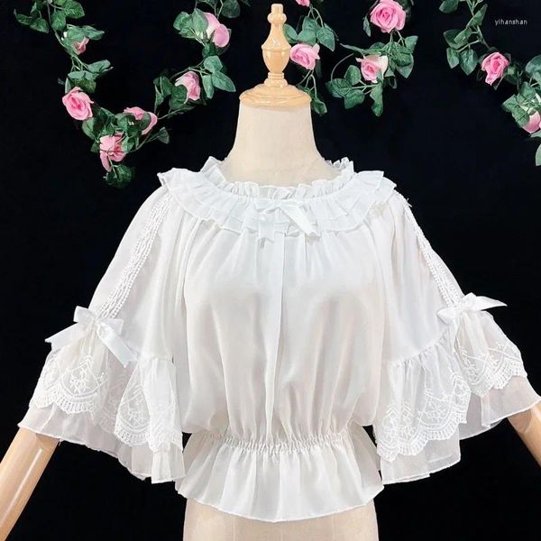 Frauenblusen süße Lolita Bow Rüschen Chiffon für Frauen Kurzflare -Ärmel Unterhemd Mädchen Kawai Off Schulterhemd Ernte Tops