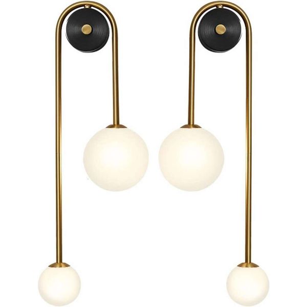 Iluminação moderna de argola de parede de vidro dourado 2 luzes - elegante luz de montagem de parede de latão escovada com tom de vidro para o quarto da sala de estar - Conjunto de 2