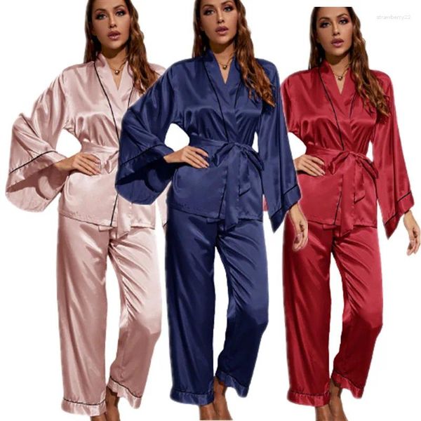 Weibliche Nachtwäsche Langarm Satin Seiden Pyjama Set Nightkide Robe Pure Color Loungewear
