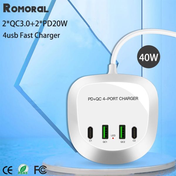 Hubs Portable 4 Ports USB Quick Chargers 40W Dual PD QC3.0 USB Ladegerät Hub Adapter Travel Phone Ladegerät Fast Ladegerät Ladestation