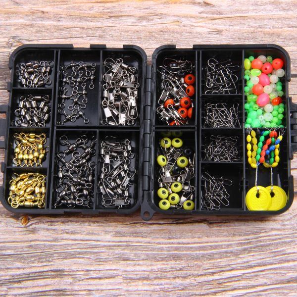 Acessórios 182pcs Pesca Swivels Snap Rolling Connector Float Stopper Fishing Beads Combo com caixa de pesca preta para equipamento de pesca