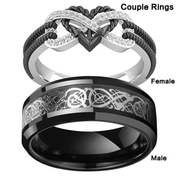 Bands Charm Couple Rings for Men inossidabile acciaio Celtic Dragon Anello Heart Black Zircon Women Anelli da matrimonio Set di gioielli di San Valentino