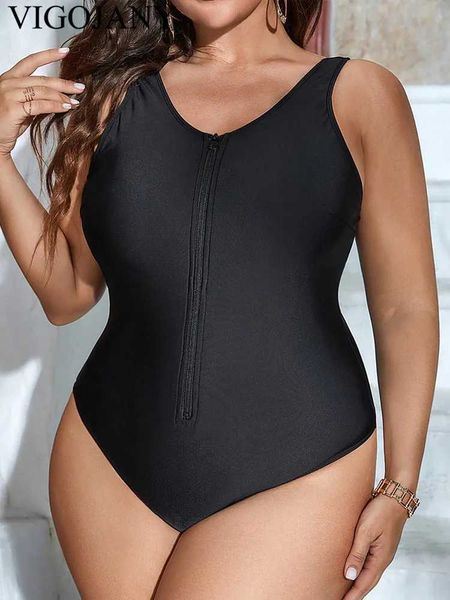 Sy19 Swim Wear Vigojany 2024 Black Strapped Plus Size Swimwear Women Zipper Push Up Up One Piece Swillsuit Beach Big Bareding Big Bareding 240423