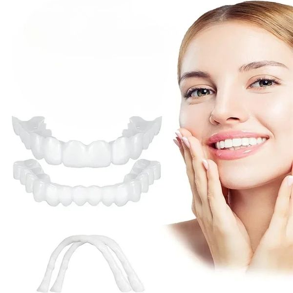 2024 PERFEITO DE DENTES PERFEITOS Branqueando a tampa de dente falsa Snap no Silicone Smile Freneadores dentes da Upper Beauty Tool dentes cosméticos Remitantes livres