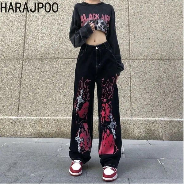 Jeans femminile harajpoo 2024 estate harajuku y2k femme femme ad alta vita vintage figure scure scuro che stampano pantaloni lunghi lavati dritti