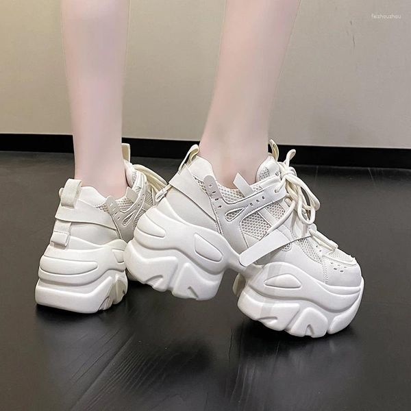 Sapatos casuais 8 cm plataforma de salto de cunha branca chaussures femme esportes pai outono mulheres tênis grossa malha respirável